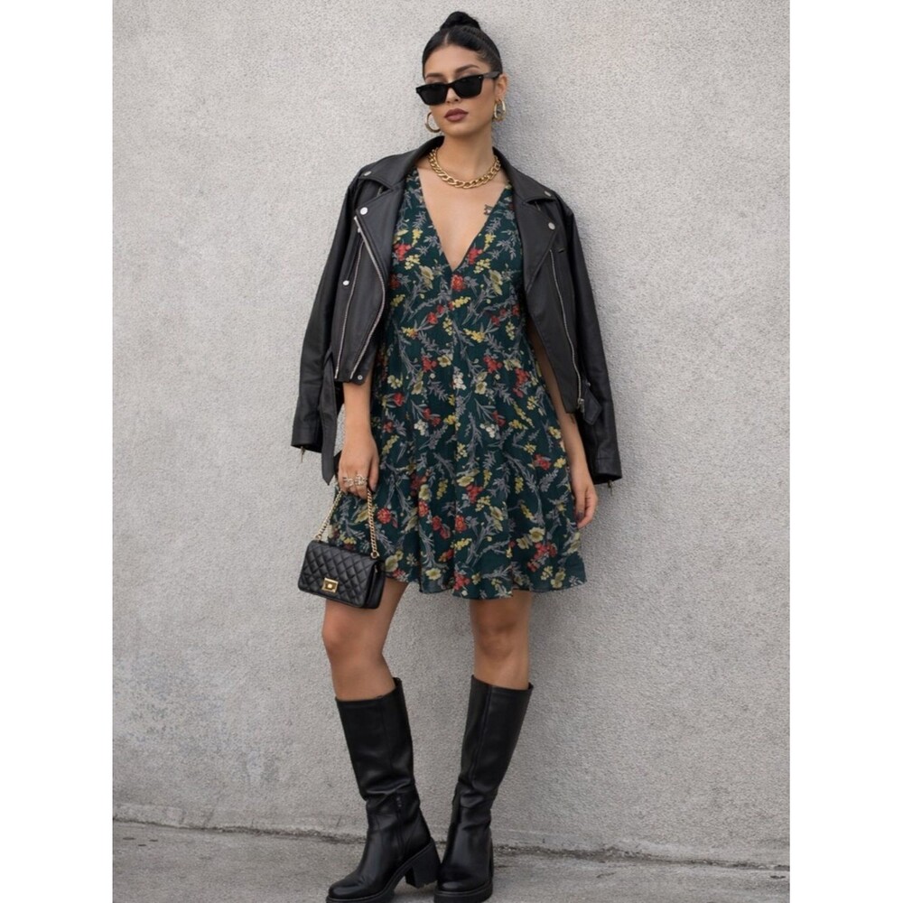 Timing Forest Green Floral V-Neck Mini Dress S Size for Spring Summer Fall